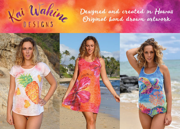 Kai Wahine Designs Rainbow Honu Women's Burnout Dolman Tee - Hawaiian Drift