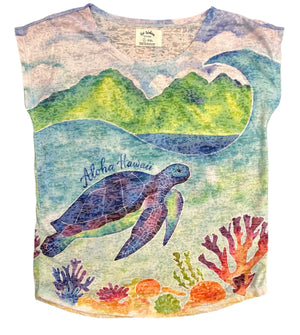 Kai Wahine Designs Paradise Honu Women's Burnout Dolman tee