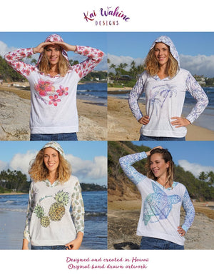 Kai Wahine Designs Honu Happiness Printed Women's Burnout Lightweight Hoodie