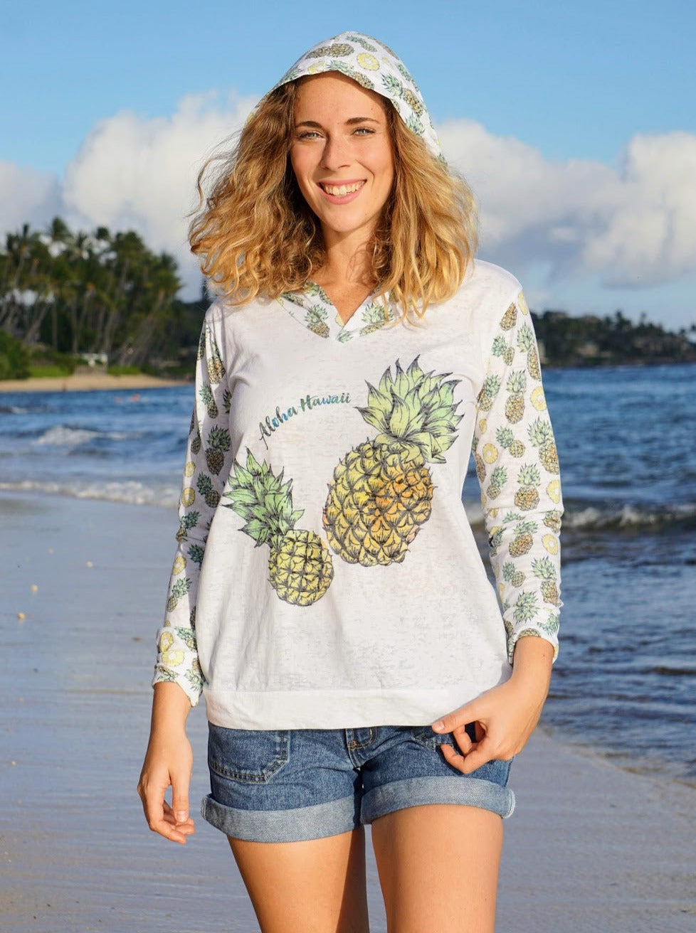 Kai Wahine Designs Pineapple Bliss Printed Women's Burnout Lightweight Hoodie