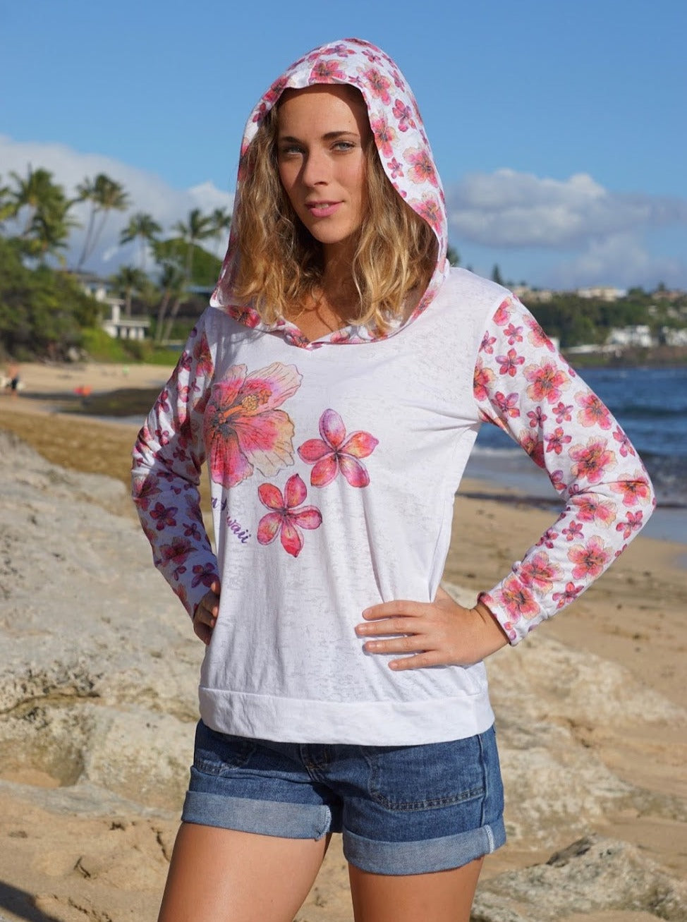 KAI WAHINE DESIGNS Flower Power Printed Women's Burnout Lightweight Hoodie